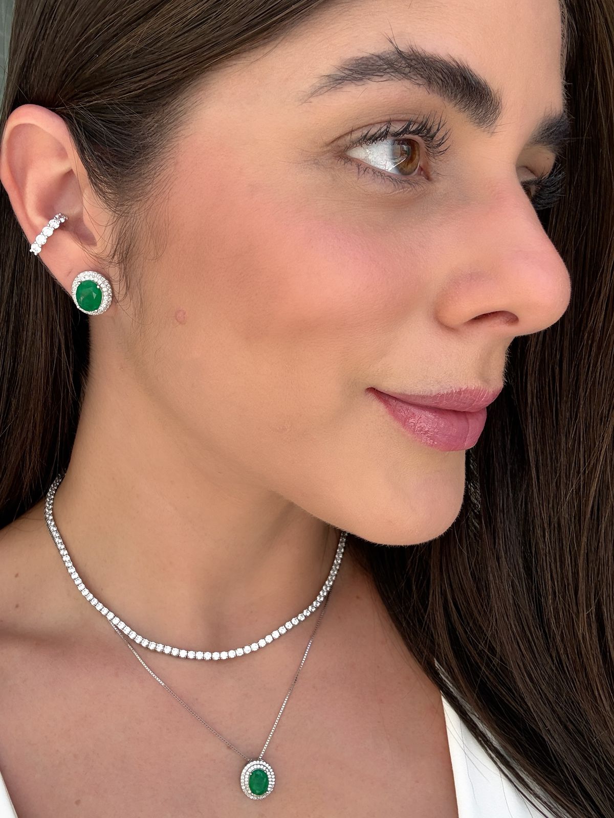 Conjunto Oval Esmeralda Prata 925