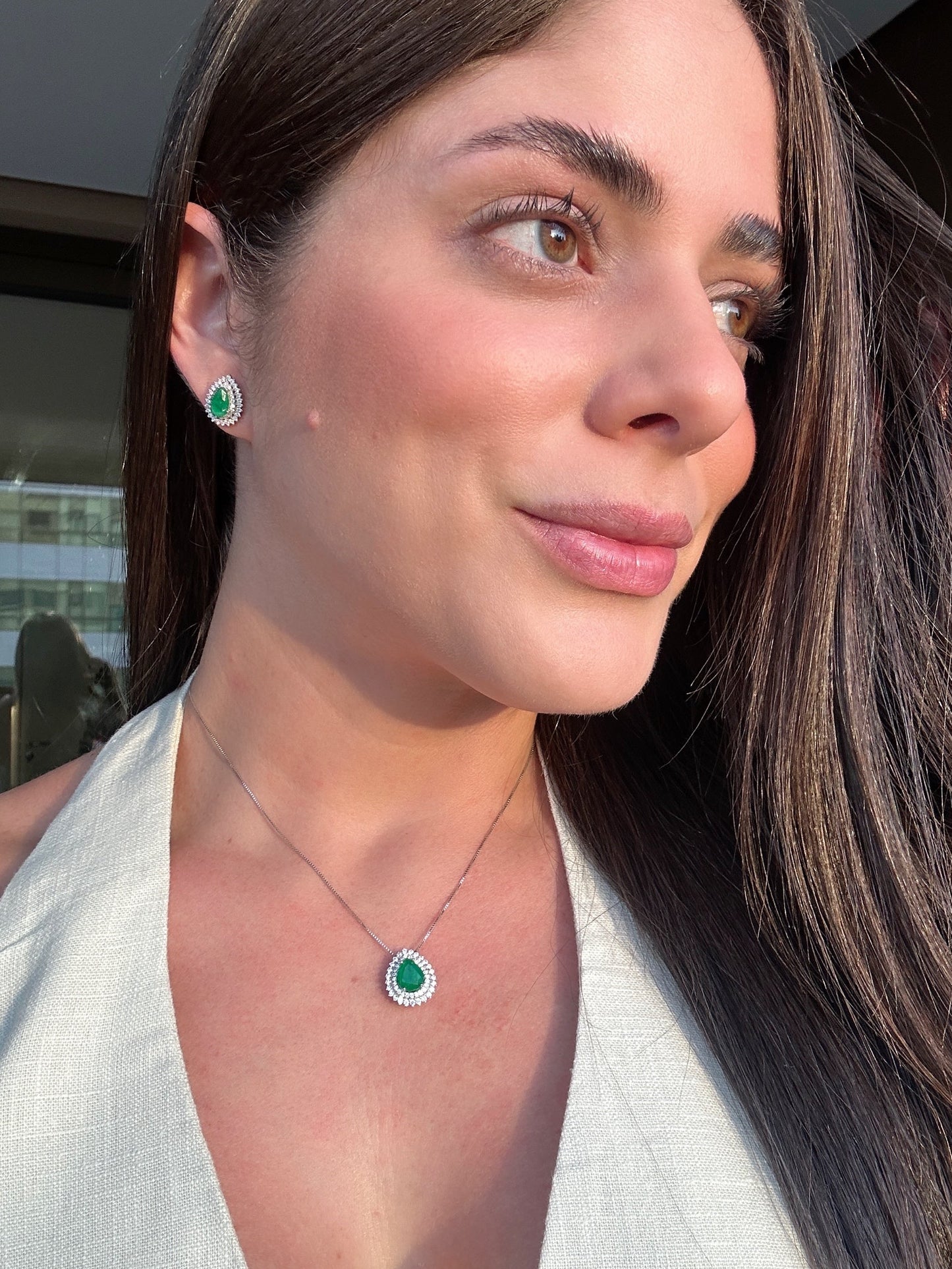 Conjunto Gota Esmeralda Prata 925