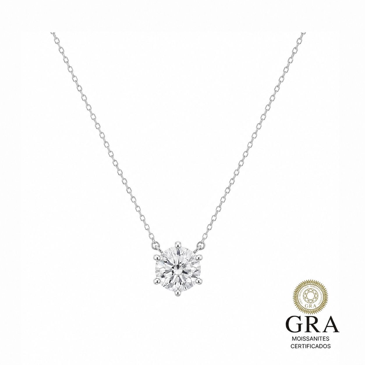 Colar Solitário 6.5mm em Moissanite Prata 925