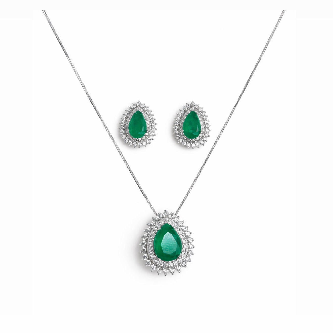 Conjunto Gota Esmeralda Prata 925