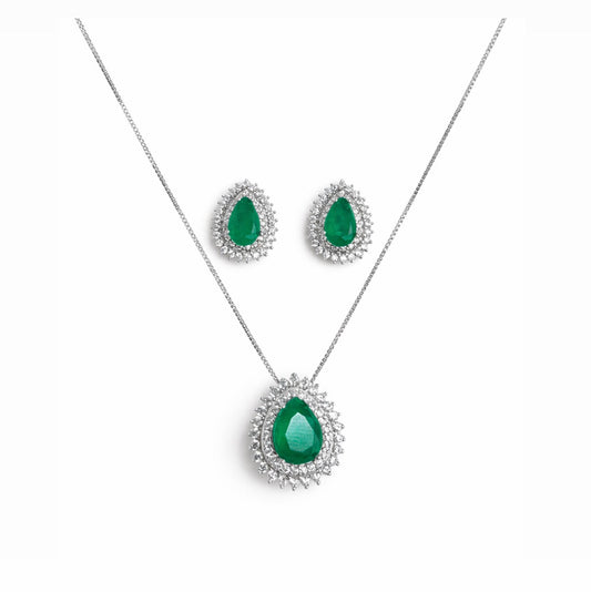 Conjunto Gota Esmeralda Prata 925