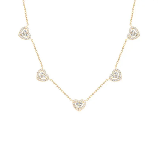 Colar 5 Corações Cravejado Prata 925 banho ouro 18k